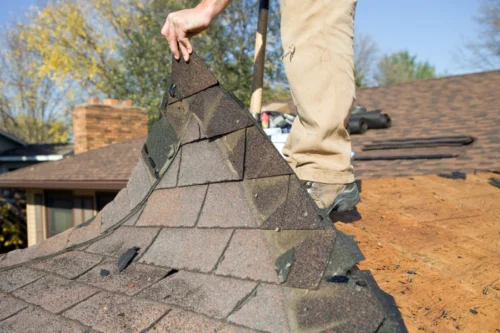 man removing damage roof shingle of residential house